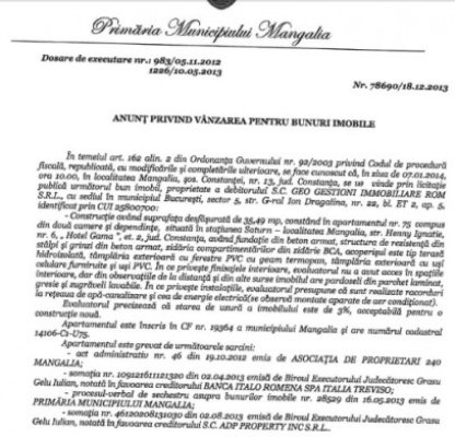 Primăria Mangalia, încă o executare silită, pentru recuperarea datoriilor!